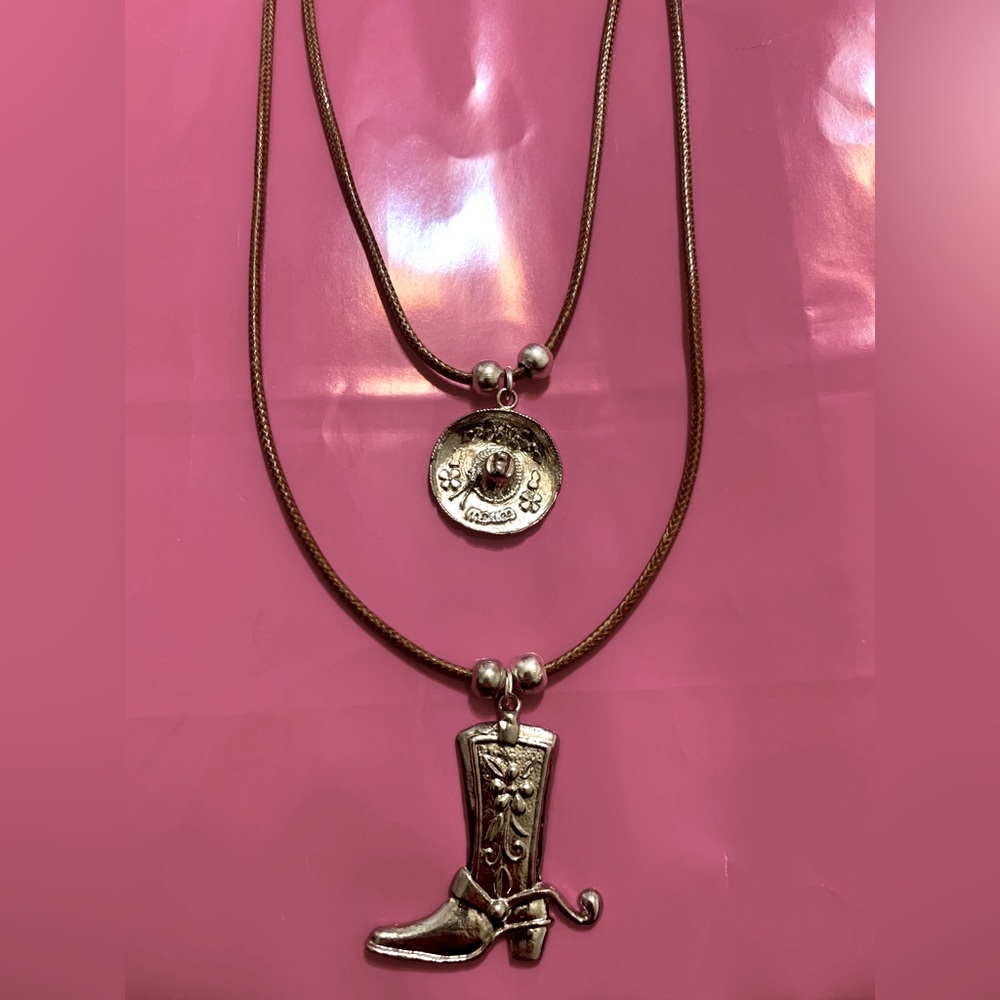 Double strand brown necklace with silver hat and boot, cowgirl necklace